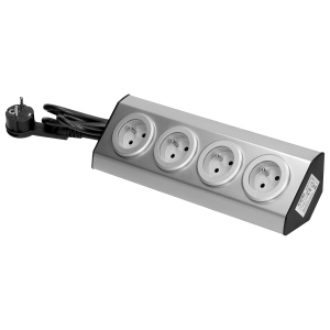 Set of sockets suitable for furniture and kitchen, with velcro mounting strips 4x2P+E INOX, and a cord 1.5 m long with flat plug