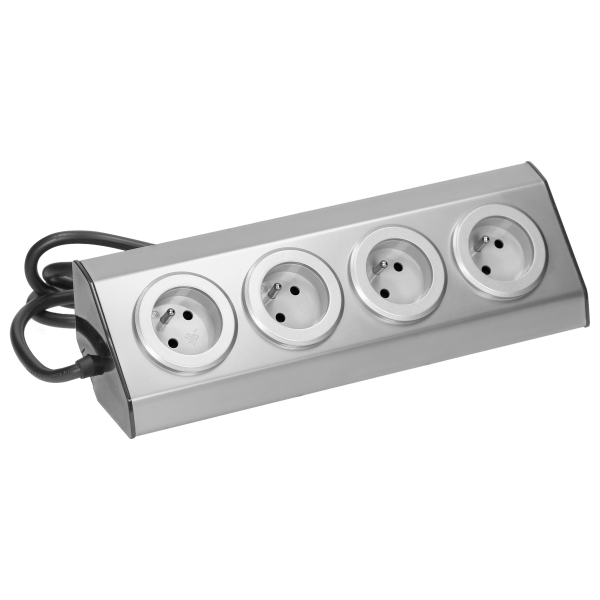Set of sockets suitable for furniture and kitchen, with velcro mounting strips 4x2P+E INOX, and a cord 1.5 m long with flat plug Set of sockets suitable for furniture and kitchen, with velcro mounting strips 4x2P+E INOX, and a cord 1.5 m long with flat plug