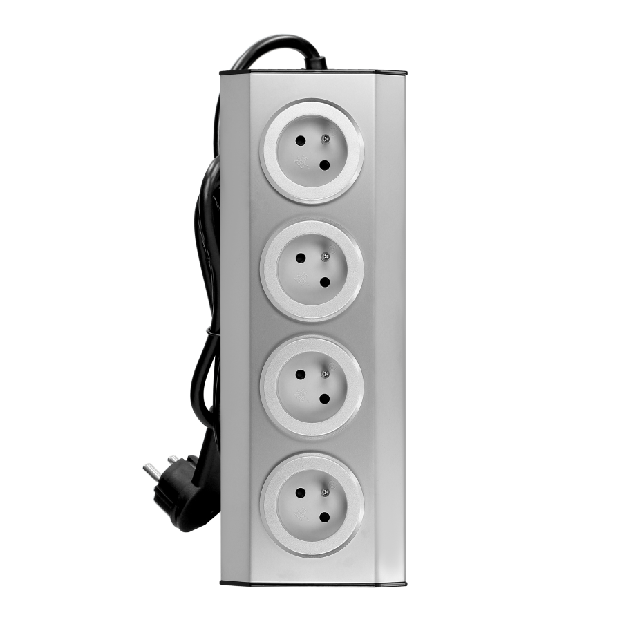 Set of sockets suitable for furniture and kitchen, with velcro mounting strips 4x2P+E INOX, and a cord 1.5 m long with flat plug