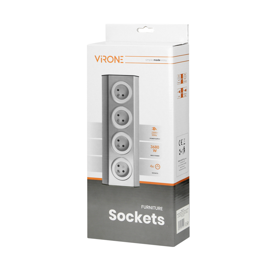 Set of power sockets suitable for furniture and kitchen, with velcro mounting strips 4x2P+E (schuko) INOX, with cord 1.5 m long 