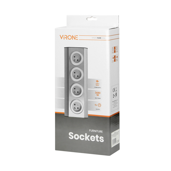 Set of power sockets suitable for furniture and kitchen, with velcro mounting strips 4x2P+E (schuko) INOX, with cord 1.5 m long 