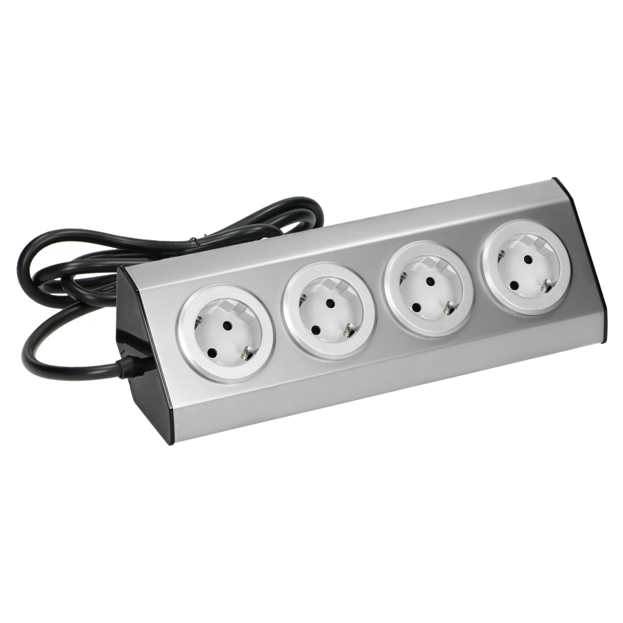 Set of power sockets suitable for furniture and kitchen, with velcro mounting strips 4x2P+E (schuko) INOX, with cord 1.5 m long 