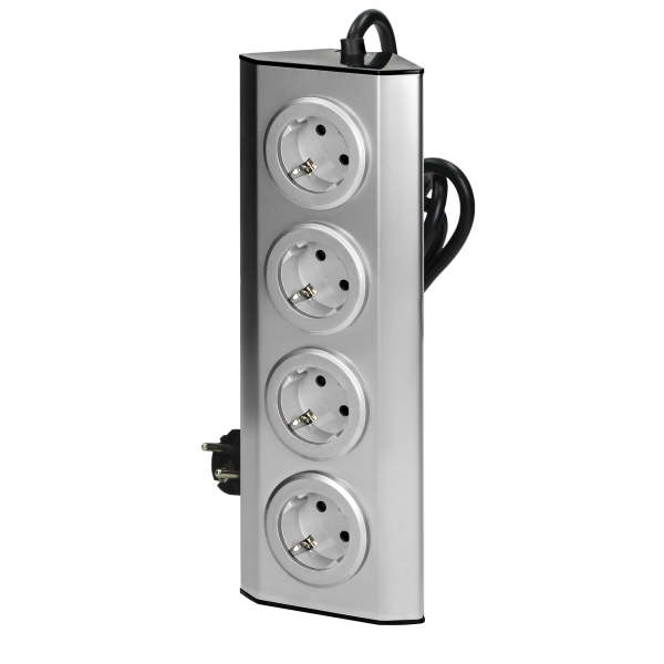 Set of power sockets suitable for furniture and kitchen, with velcro mounting strips 4x2P+E (schuko) INOX, with cord 1.5 m long 