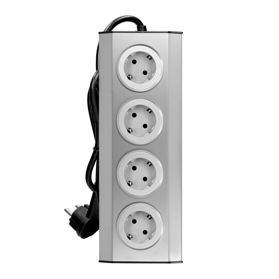 Gniazdo meblowe kuchenne 4x2P+Z, schuko, 16A, montaż na rzepy, INOX, przewód 1,5m z płaską wtyczką