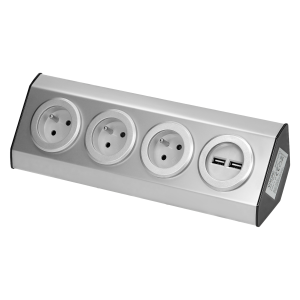 Set of power sockets with USB charger suitable for furniture and kitchen, with velcro mounting strips -3x2P+E, 2xUSB, INOX.
