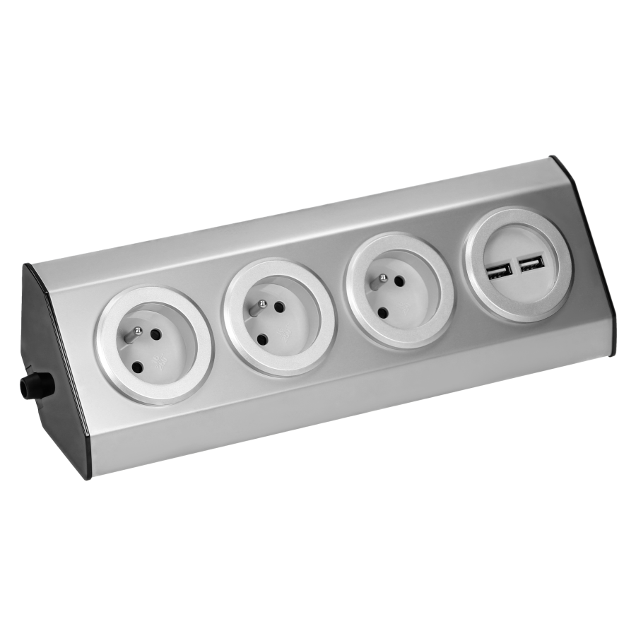Gniazdo meblowe, kuchenne montowane na rzepy, z ładowarką USB - 3x2P+Z, 2xUSB, INOX.