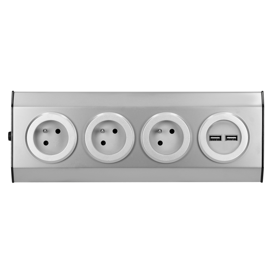 Set of power sockets with USB charger suitable for furniture and kitchen, with velcro mounting strips -3x2P+E, 2xUSB, INOX.