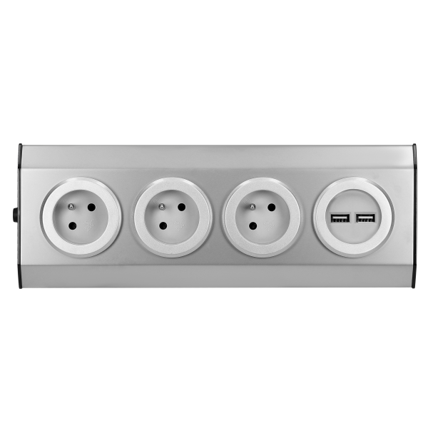 Set of power sockets with USB charger suitable for furniture and kitchen, with velcro mounting strips -3x2P+E, 2xUSB, INOX.