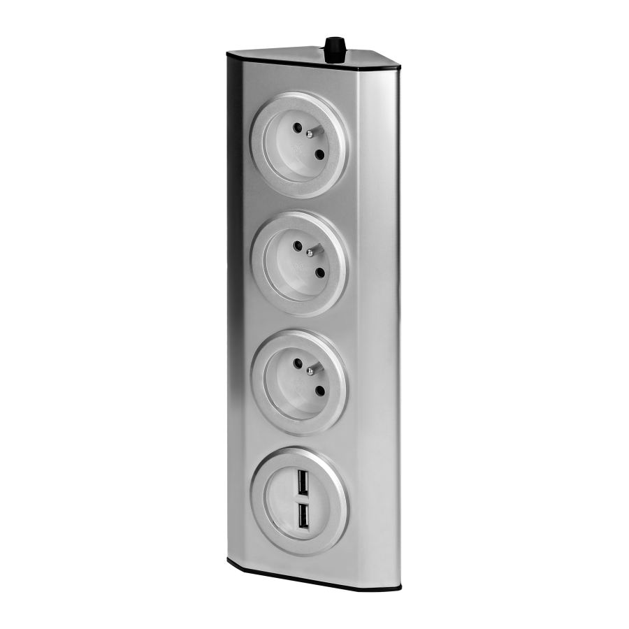 Gniazdo meblowe, kuchenne montowane na rzepy, z ładowarką USB - 3x2P+Z, 2xUSB, INOX.