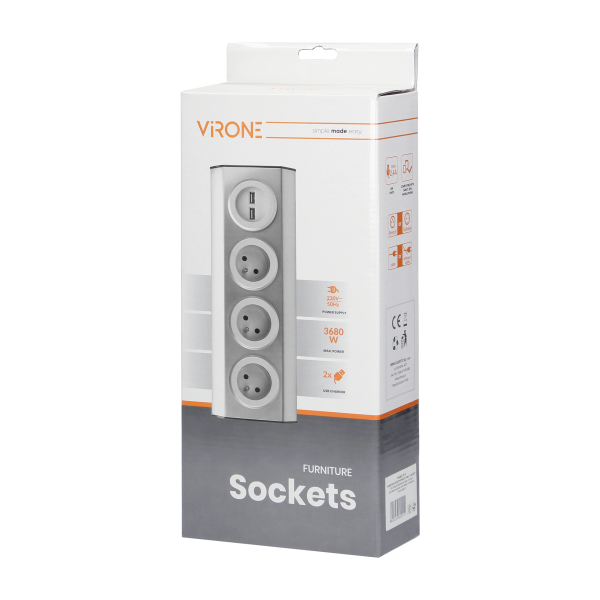 Set of power sockets with USB charger suitable for furniture and kitchen, with velcro mounting strips and a cord 1.5 m long with