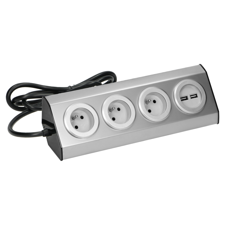 Set of power sockets with USB charger suitable for furniture and kitchen, with velcro mounting strips and a cord 1.5 m long with