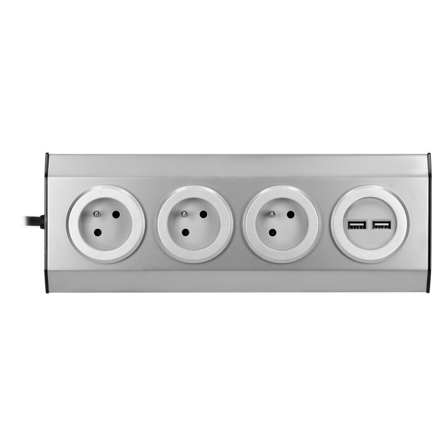 Gniazdo meblowe, kuchenne  z ładowarką USB, montowane na rzepy z przewodem 1,5m i płaską wtyczką - 3x2P+Z french, 2xUSB, INOX