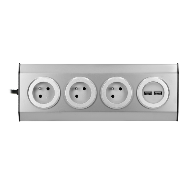 Gniazdo meblowe, kuchenne  z ładowarką USB, montowane na rzepy z przewodem 1,5m i płaską wtyczką - 3x2P+Z french, 2xUSB, INOX