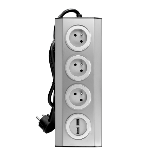 Gniazdo meblowe, kuchenne  z ładowarką USB, montowane na rzepy z przewodem 1,5m i płaską wtyczką - 3x2P+Z french, 2xUSB, INOX