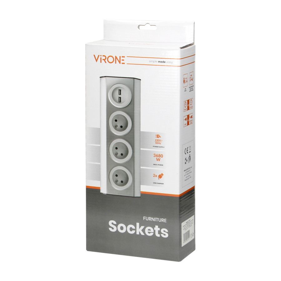 Gniazdo meblowe, kuchenne z ładowarką USB, montowane na rzepy z przewodem 1,5m i płaską wtyczką - 3x2P+Z schuko, 2xUSB, INOX