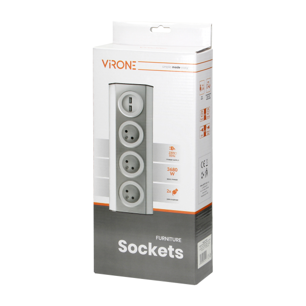 Gniazdo meblowe, kuchenne z ładowarką USB, montowane na rzepy z przewodem 1,5m i płaską wtyczką - 3x2P+Z schuko, 2xUSB, INOX