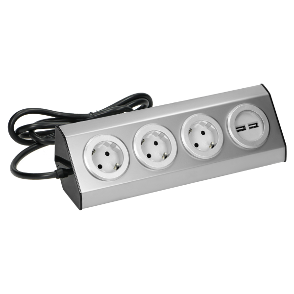 Gniazdo meblowe, kuchenne z ładowarką USB, montowane na rzepy z przewodem 1,5m i płaską wtyczką - 3x2P+Z schuko, 2xUSB, INOX
