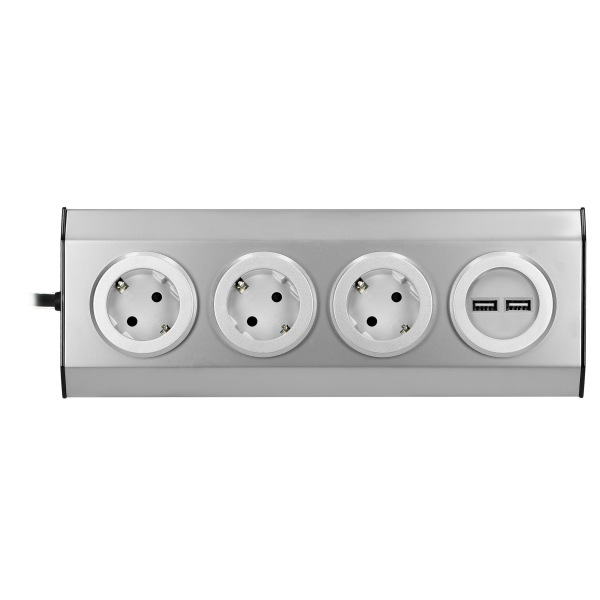 Gniazdo meblowe, kuchenne z ładowarką USB, montowane na rzepy z przewodem 1,5m i płaską wtyczką - 3x2P+Z schuko, 2xUSB, INOX