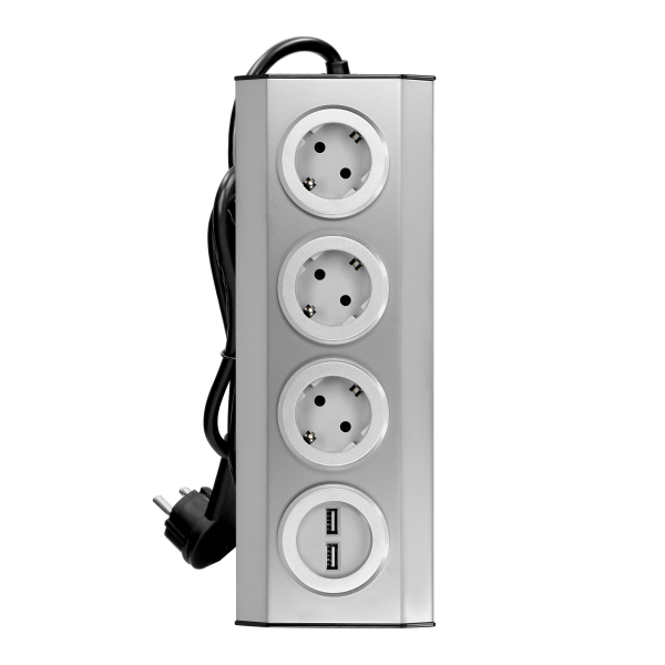 Gniazdo meblowe, kuchenne z ładowarką USB, montowane na rzepy z przewodem 1,5m i płaską wtyczką - 3x2P+Z schuko, 2xUSB, INOX