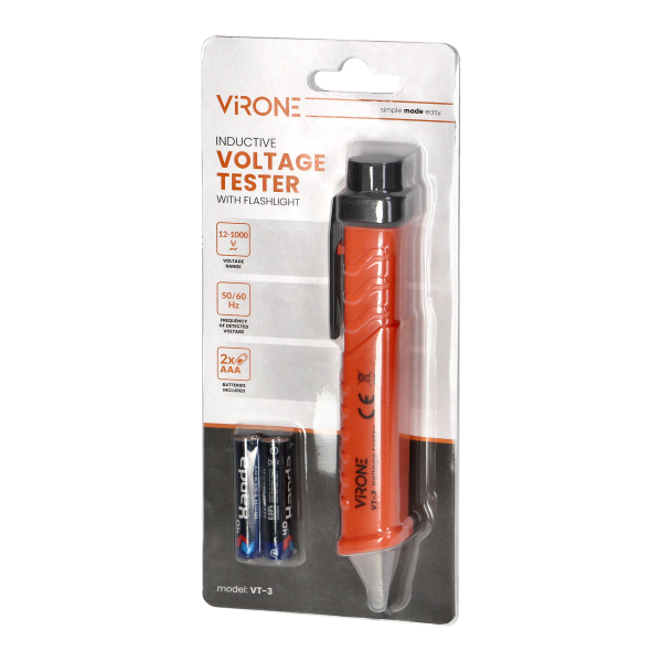 Inductive voltage tester with flashlight, 12-1000V AC / DC, orange Inductive voltage tester with flashlight, 12-1000V AC / DC, orange