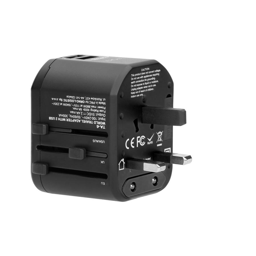 Podróżny adapter do gniazdek Go World USA/UK/EURO/AUS (USB 5V,2,4A)