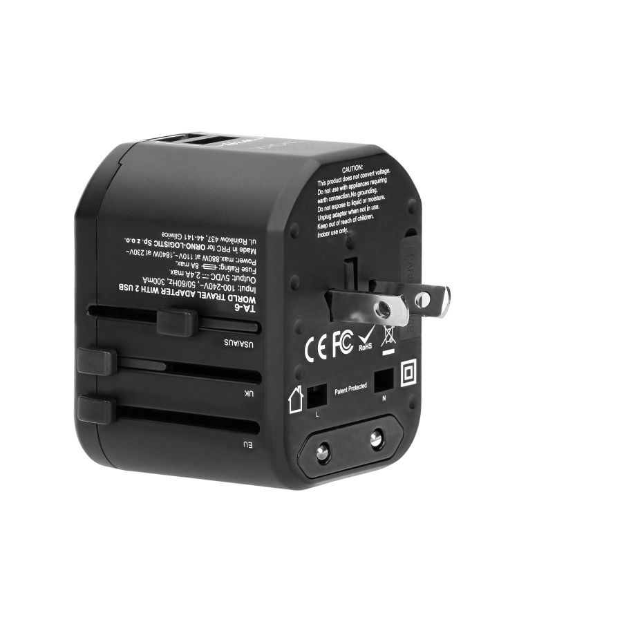 Podróżny adapter do gniazdek Go World USA/UK/EURO/AUS (USB 5V,2,4A)