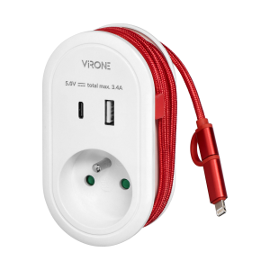 Adapter with USB charger and charging cable (type C + Lightning), 1x2P+E, 2xUSB (type A+C), max 3.4A