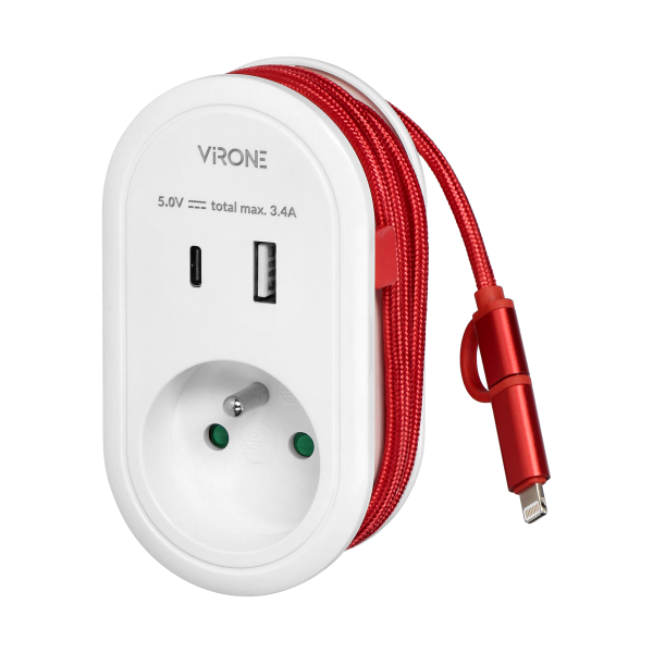 Adapter z ładowarką USB i kablem ładującym (typ C + Lightning), 1x2P+Z, 2xUSB (Typ A+C), max 3,4A Adapter z ładowarką USB i kablem ładującym (typ C + Lightning), 1x2P+Z, 2xUSB (Typ A+C), max 3,4A