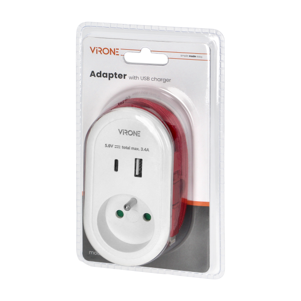 Adapter z ładowarką USB i kablem ładującym (typ C + Lightning), 1x2P+Z, 2xUSB (Typ A+C), max 3,4A Adapter z ładowarką USB i kablem ładującym (typ C + Lightning), 1x2P+Z, 2xUSB (Typ A+C), max 3,4A