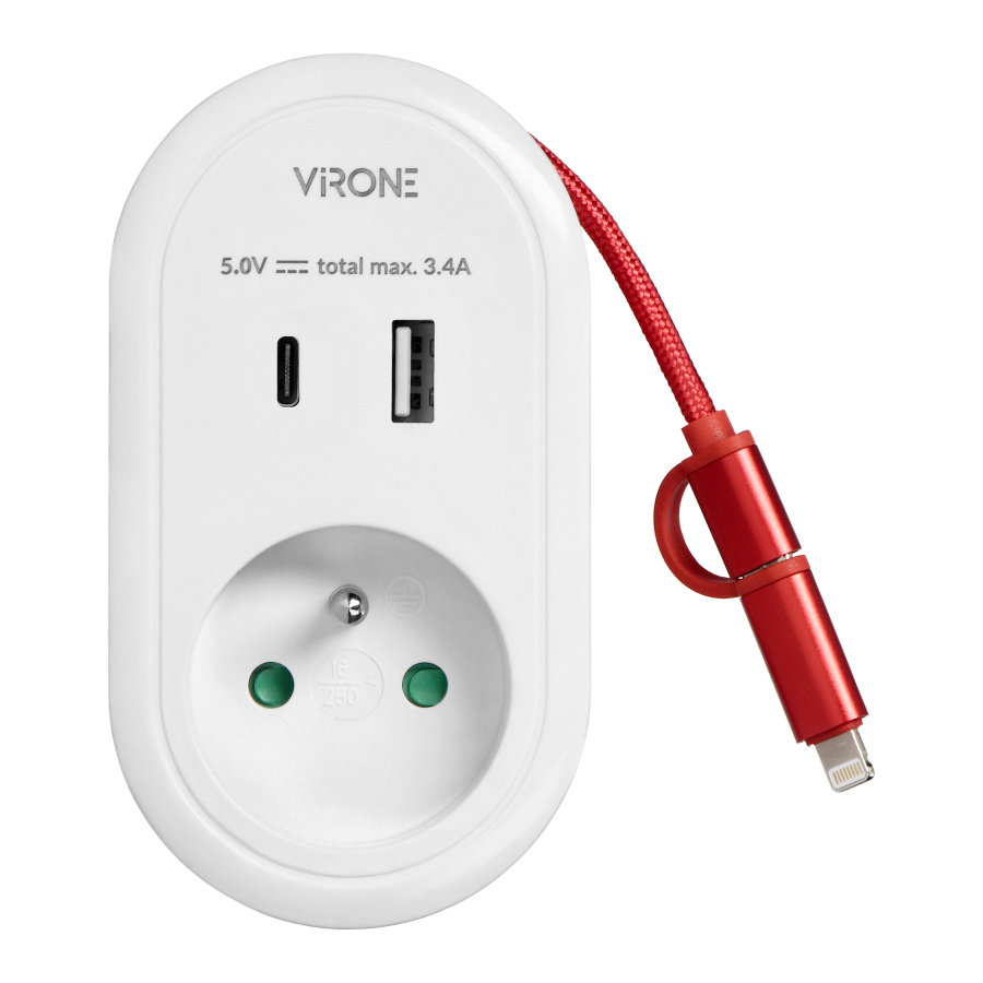 Adapter with USB charger and charging cable (type C + Lightning), 1x2P+E, 2xUSB (type A+C), max 3.4A
