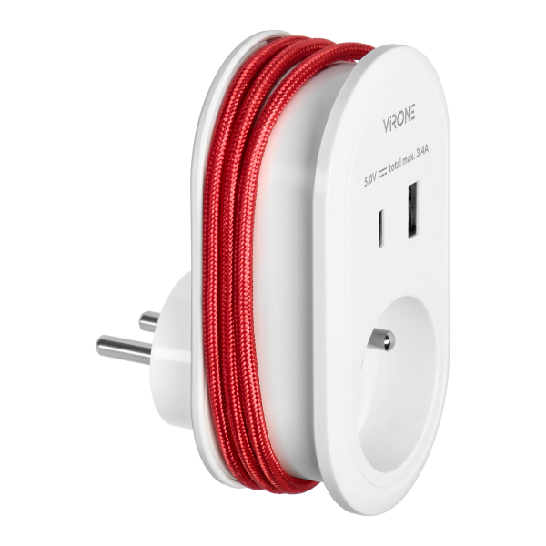 Adapter with USB charger and charging cable (type C + Lightning), 1x2P+E, 2xUSB (type A+C), max 3.4A Adapter with USB charger and charging cable (type C + Lightning), 1x2P+E, 2xUSB (type A+C), max 3.4A