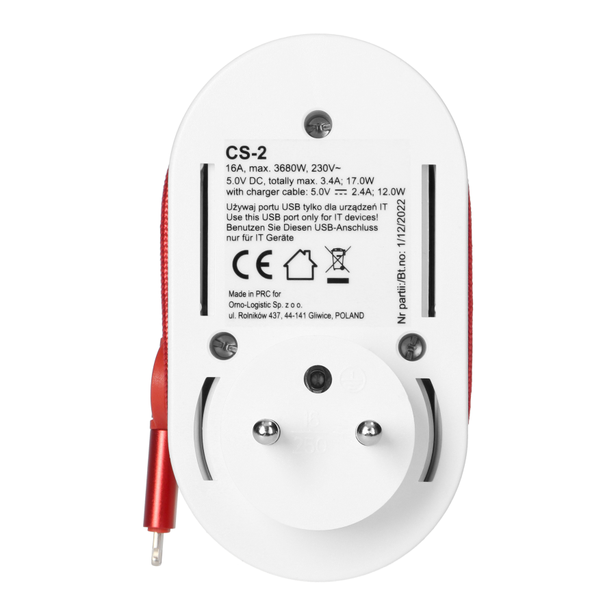 Adapter with USB charger and charging cable (type C + Lightning), 1x2P+E, 2xUSB (type A+C), max 3.4A