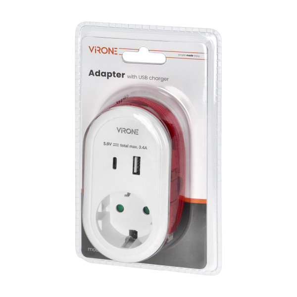 Adapter with USB charger and charging cable (type C + Lightning), 1x2P+E (Schuko), 2xUSB (type A+C), max 3.4A Adapter with USB charger and charging cable (type C + Lightning), 1x2P+E (Schuko), 2xUSB (type A+C), max 3.4A