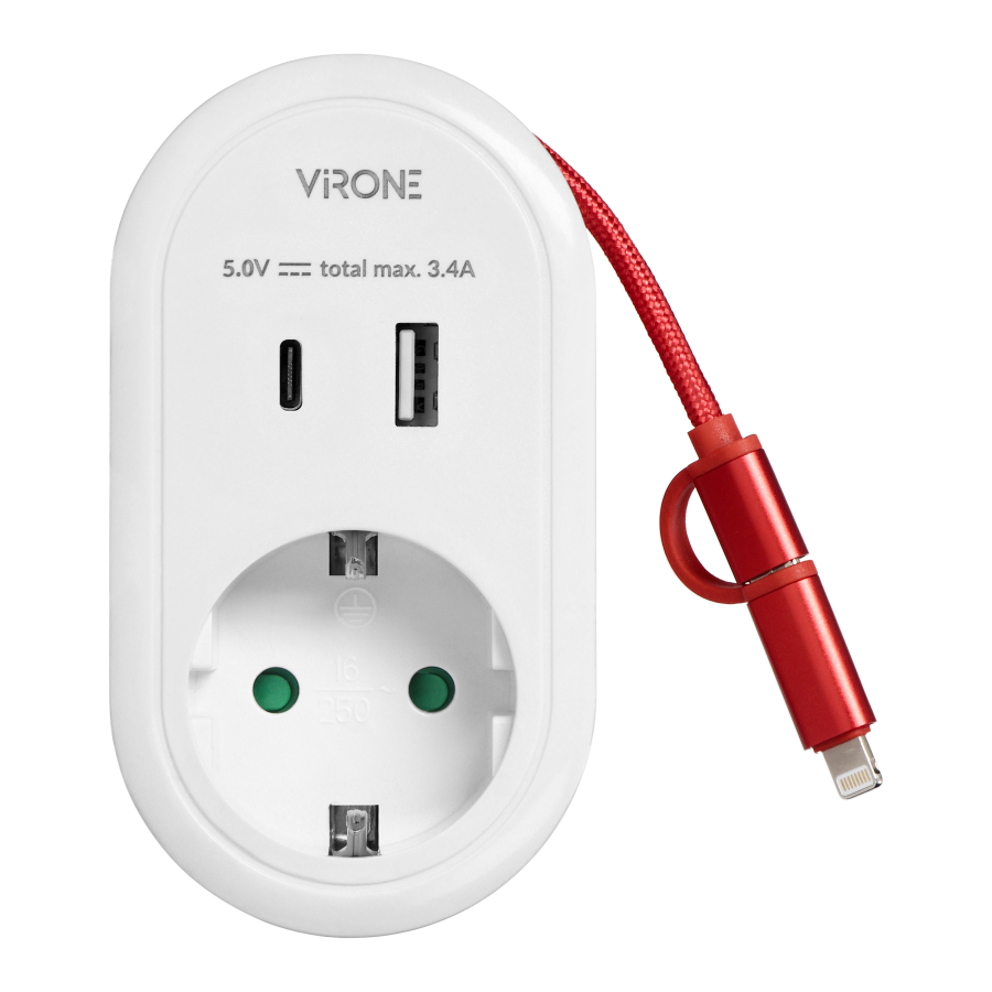 Adapter z ładowarką USB i kablem ładującym (typ C + Lightning), 1x2P+Z Schuko, 2xUSB (Typ A+C), max 3,4A