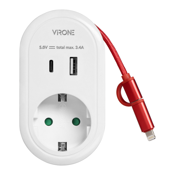 Adapter z ładowarką USB i kablem ładującym (typ C + Lightning), 1x2P+Z Schuko, 2xUSB (Typ A+C), max 3,4A