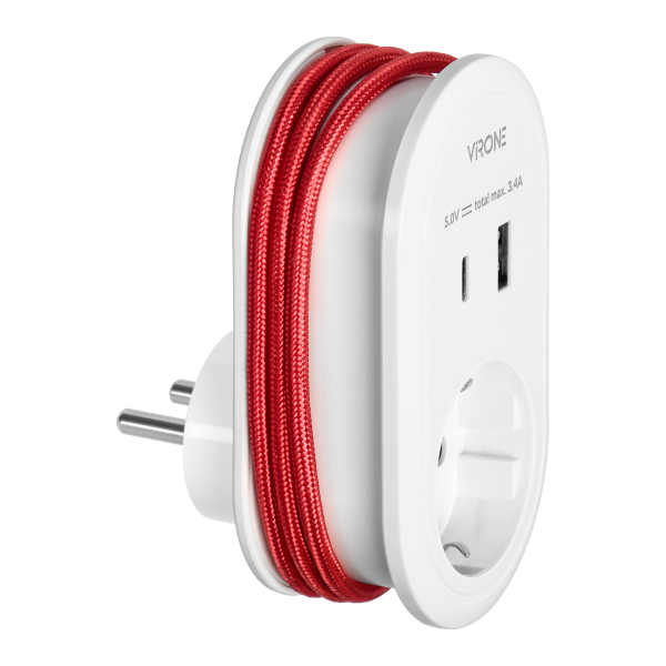 Adapter z ładowarką USB i kablem ładującym (typ C + Lightning), 1x2P+Z Schuko, 2xUSB (Typ A+C), max 3,4A