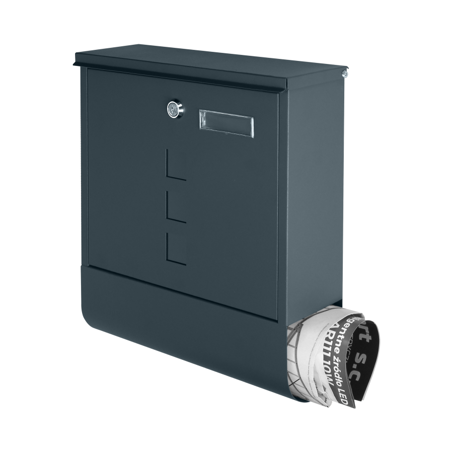 Skrzynka na listy HAITI z galwanizowanej stali z  gazetnikiem i okienkami i wizytownikiem, antracyt
