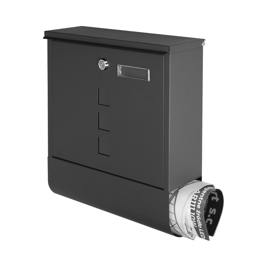 Skrzynka na listy HAITI z galwanizowanej stali z  gazetnikiem i okienkami i wizytownikiem, kolor czarny