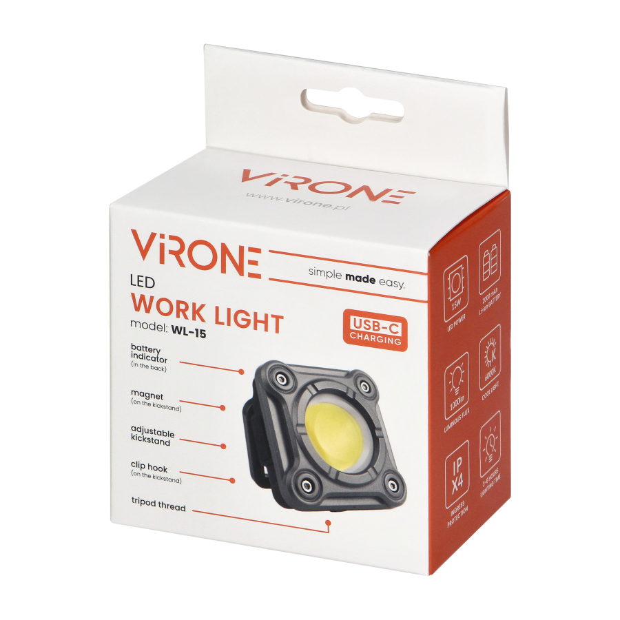 Lampa warsztatowa LED COB 15W, 1000lm, 2000 mAh