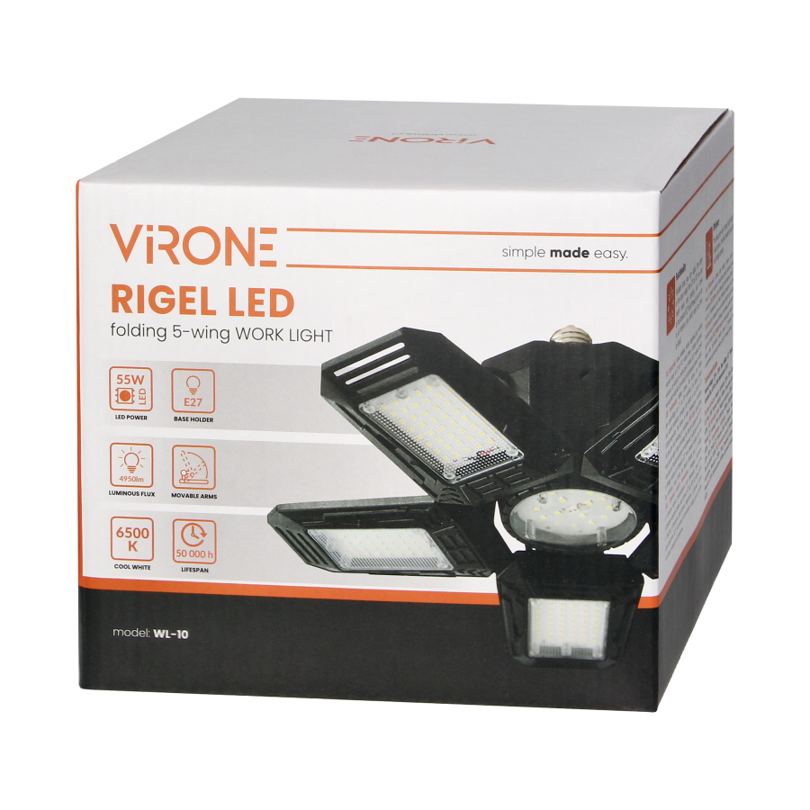 RIGEL LED lampa warsztatowa składana 5-skrzydłowa, E27 55W, 6500K, 4950lm