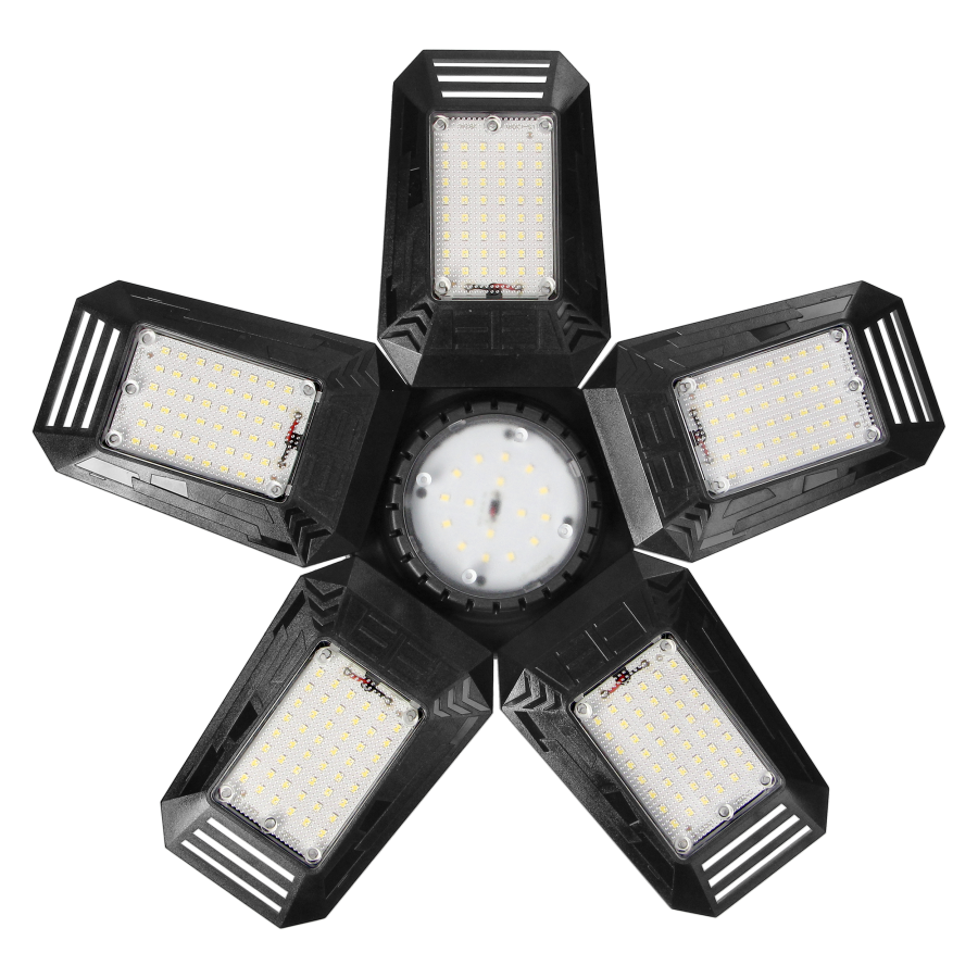 RIGEL LED lampa warsztatowa składana 5-skrzydłowa, E27 55W, 6500K, 4950lm