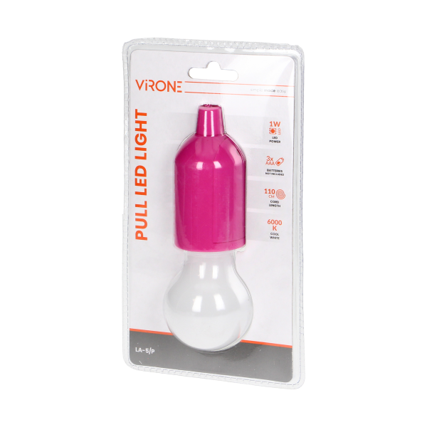 Bateryjna lampka nocna na sznurku 1W LED, 3 x AAA, różowa Bateryjna lampka nocna na sznurku 1W LED, 3 x AAA, różowa