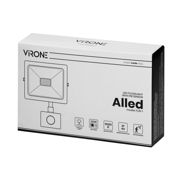 ALLED LED floodlight with PIR motion sensor 20W, 1500lm, IP44, 4000K, Alu+glass ALLED LED floodlight with PIR motion sensor 20W, 1500lm, IP44, 4000K, Alu+glass