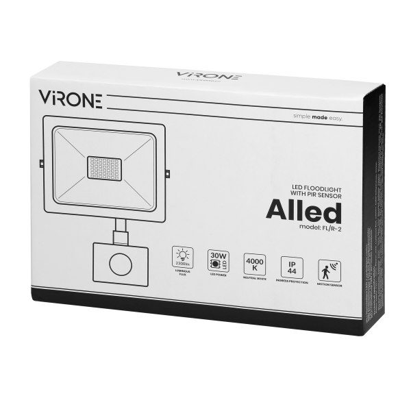 ALLED LED floodlight with PIR motion sensor 30W, 2300lm, IP44, 4000K, Alu+glass ALLED LED floodlight with PIR motion sensor 30W, 2300lm, IP44, 4000K, Alu+glass