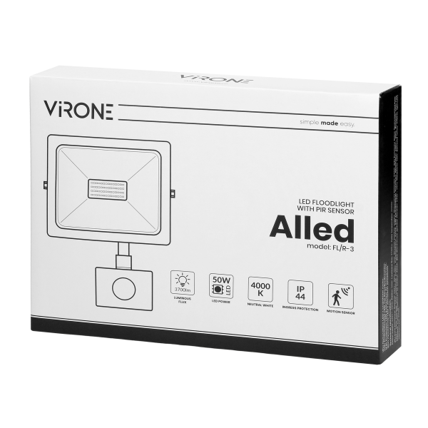 ALLED LED floodlight with PIR motion sensor 50W, 3700lm, IP44, 4000K, Alu+glass ALLED LED floodlight with PIR motion sensor 50W, 3700lm, IP44, 4000K, Alu+glass