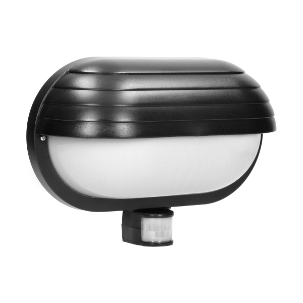 MUSAM, oprawa ogrodowa z czujnikiem ruchu 180st, 1x15W, E27, IP44, z przesłoną, plastik, czarna