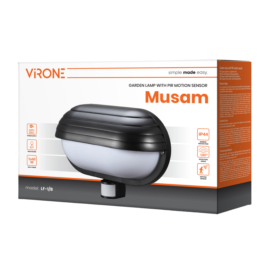 MUSAM garden lamp with 180° motion sensor and a screen , 1x15W, E27, IP44, plastic, black