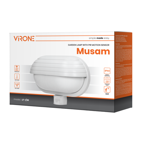 MUSAM garden lamp with 180° motion sensor and a screen , 1x15W, E27, IP44, plastic, white MUSAM garden lamp with 180° motion sensor and a screen , 1x15W, E27, IP44, plastic, white