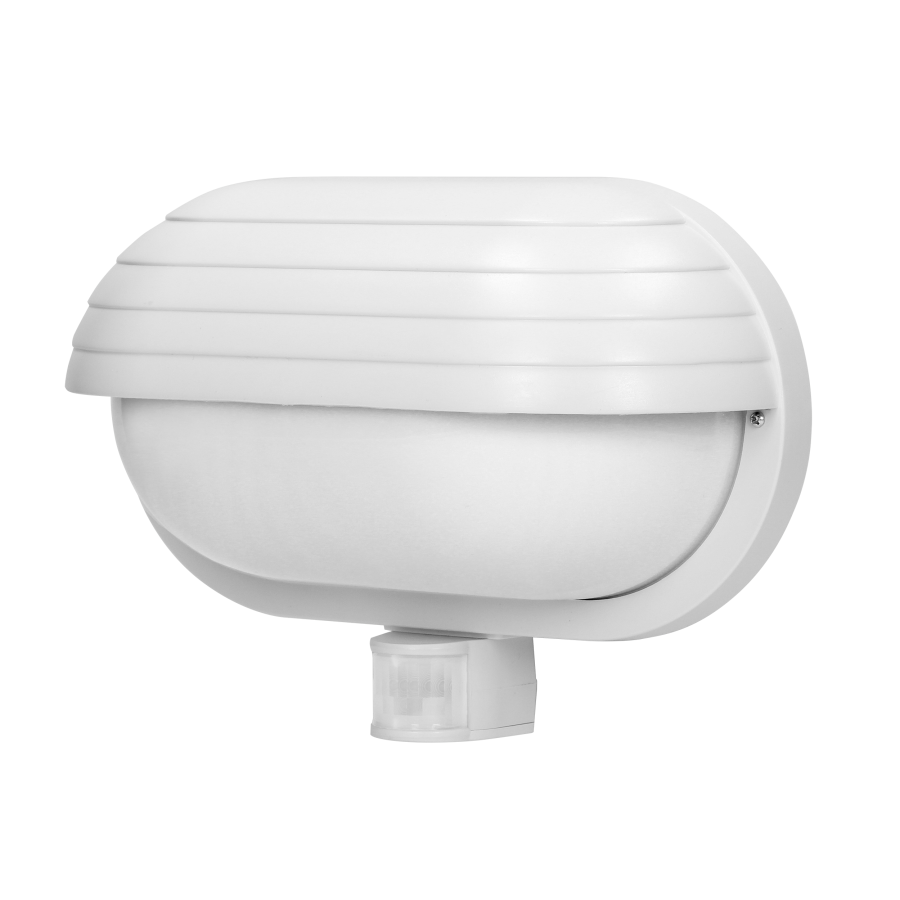 MUSAM, oprawa ogrodowa z czujnikiem ruchu 180st, 1x15W, E27, IP44, z przesłoną, plastik, biała