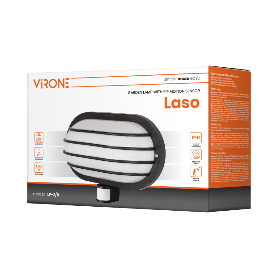 LASO garden lamp with 180° motion sensor and a screen , 1x15W, E27, IP44, plastic, black